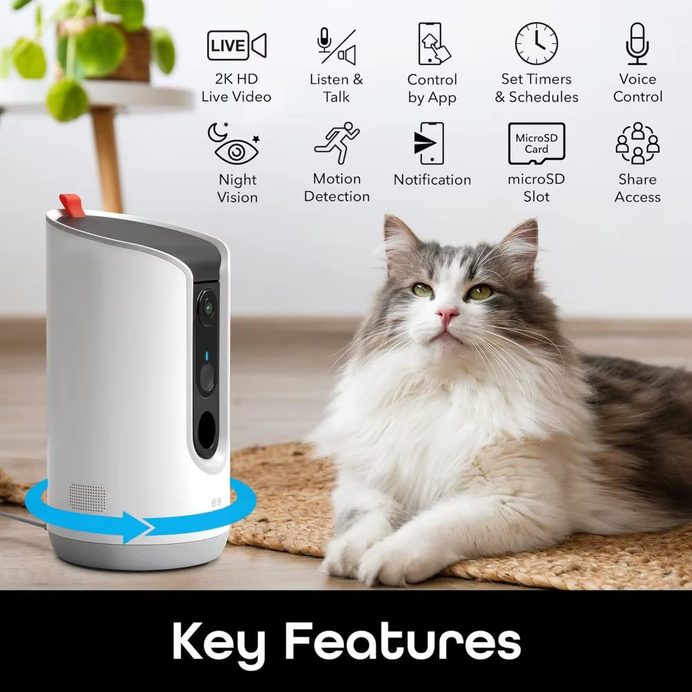 Pet Treat Dispenser with Camera - 2K HD Wifi Enabled, Dog and Cat Automatic Smart Feeder, Two-Way Audio, Night Vision, Auto-Fol