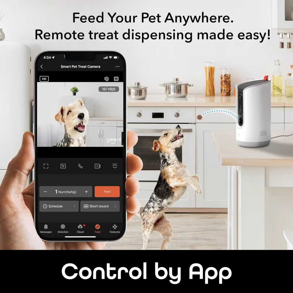 Pet Treat Dispenser with Camera - 2K HD Wifi Enabled, Dog and Cat Automatic Smart Feeder, Two-Way Audio, Night Vision, Auto-Fol