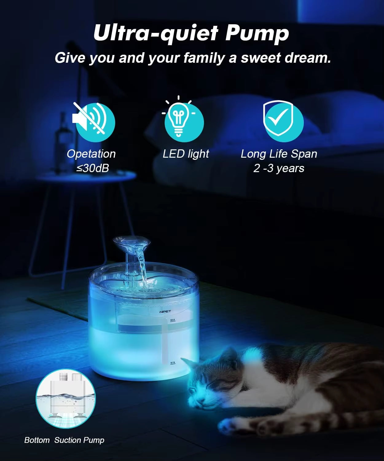 WF100 Cat Water Fountain, 54Oz/1.6L Automatic Pet Fountain Cat Water Dispenser with 2 Flow Modes, Light Quiet Pump for Cats