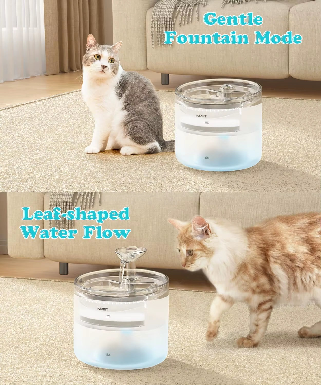 WF100 Cat Water Fountain, 54Oz/1.6L Automatic Pet Fountain Cat Water Dispenser with 2 Flow Modes, Light Quiet Pump for Cats