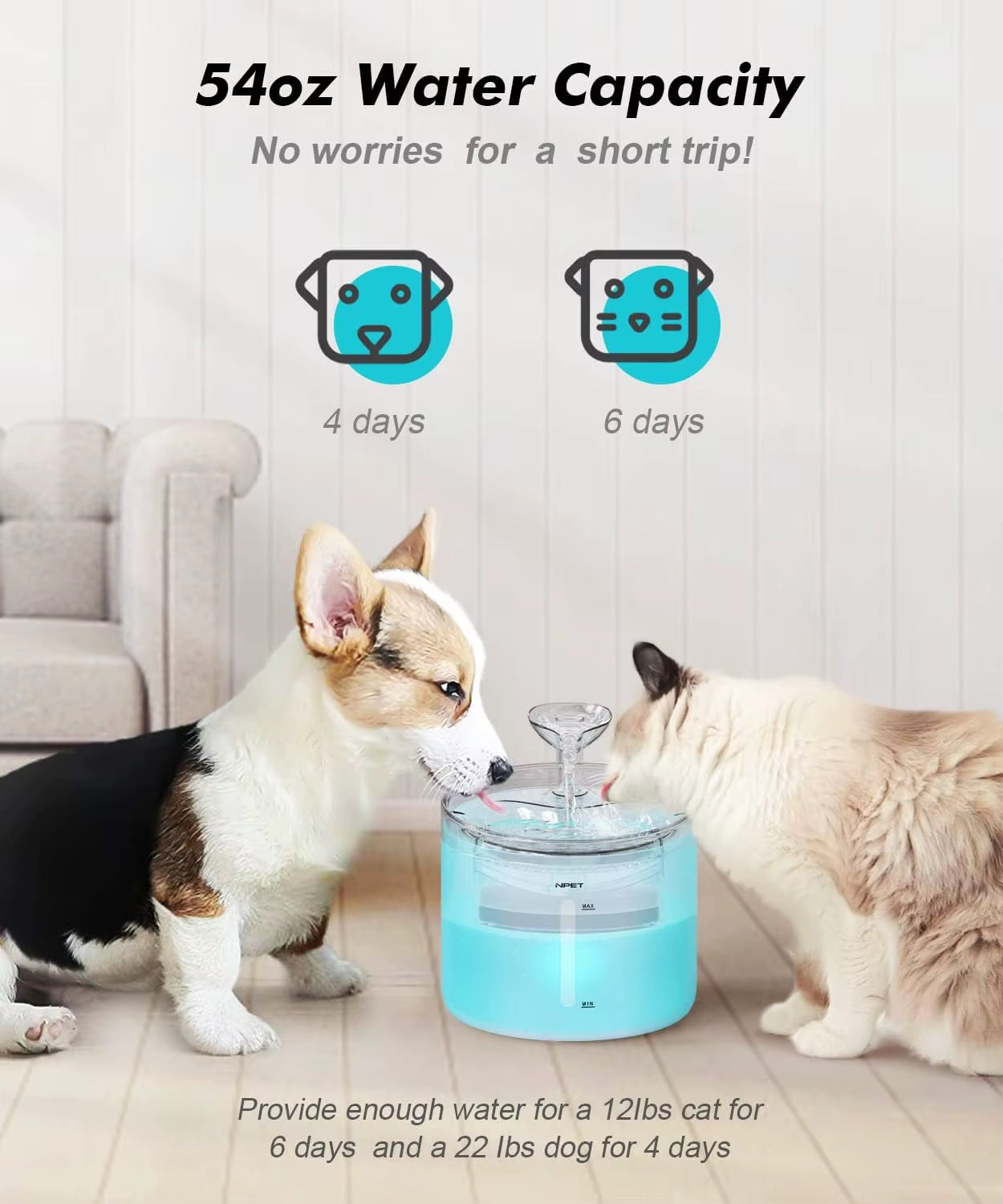 WF100 Cat Water Fountain, 54Oz/1.6L Automatic Pet Fountain Cat Water Dispenser with 2 Flow Modes, Light Quiet Pump for Cats