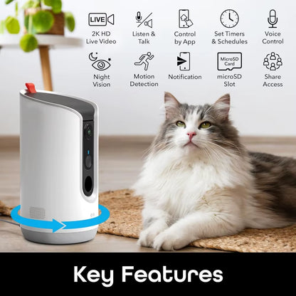 Pet Treat Dispenser with Camera - 2K HD Wifi Enabled, Dog and Cat Automatic Smart Feeder, Two-Way Audio, Night Vision, Auto-Fol