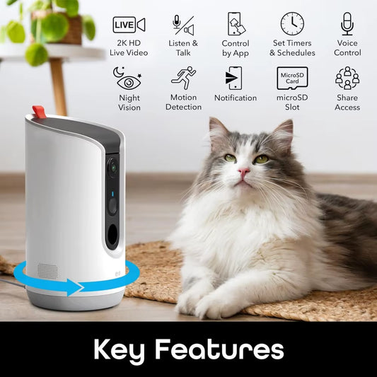 Pet Treat Dispenser with Camera - 2K HD Wifi Enabled, Dog and Cat Automatic Smart Feeder, Two-Way Audio, Night Vision, Auto-Fol