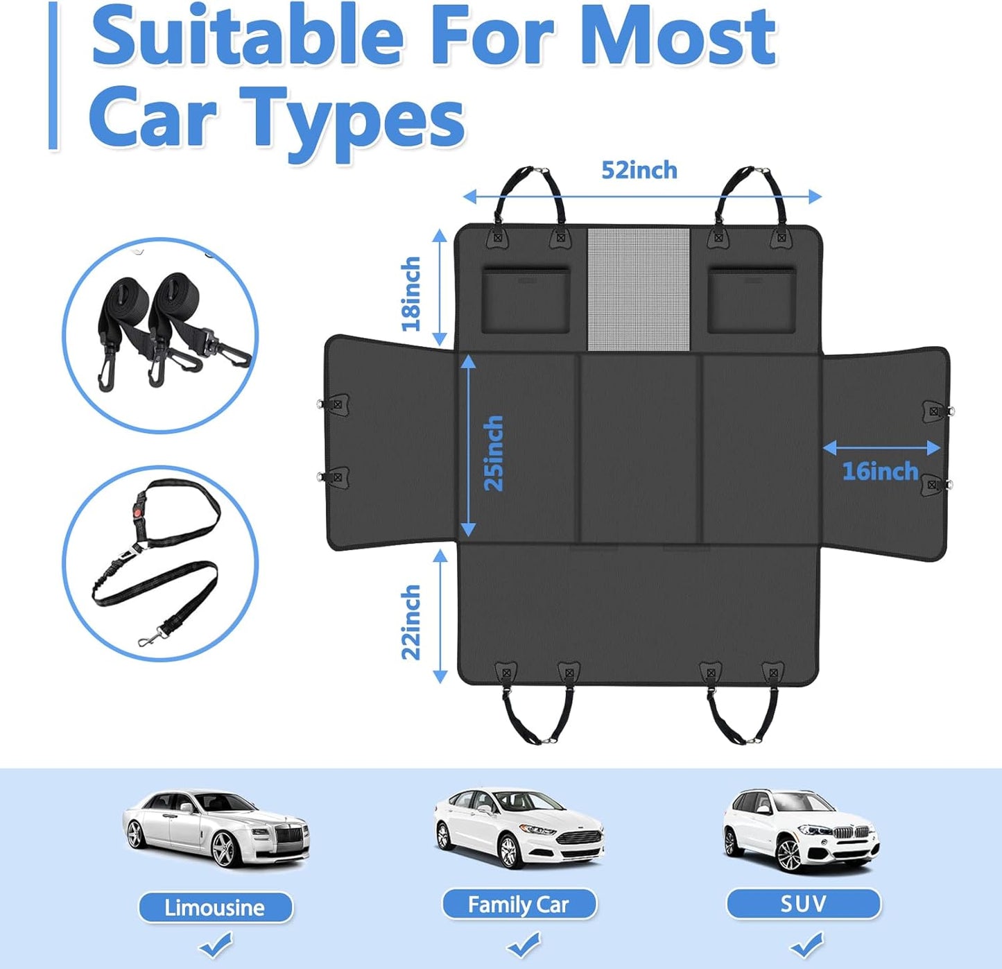 Hard Bottom Dog Car Seat Cover for Back Seat – Waterproof Nonslip Hammock Extender for Trucks & Suvs, Heavy Duty Pet Protector, Black Faux Leather