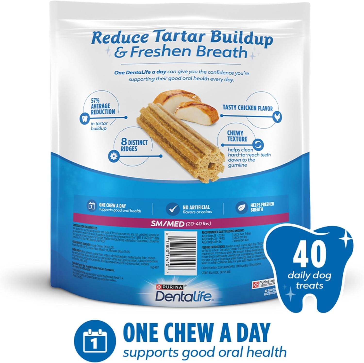 Daily Oral Care Dog Treats for Small and Medium Dogs, Chewy Dental Treat to Freshen Breath and Fight Tartar, Chicken Flavor, 28.5 Oz., 40 Chews - 40 Ct. Pouch
