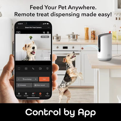 Pet Treat Dispenser with Camera - 2K HD Wifi Enabled, Dog and Cat Automatic Smart Feeder, Two-Way Audio, Night Vision, Auto-Fol