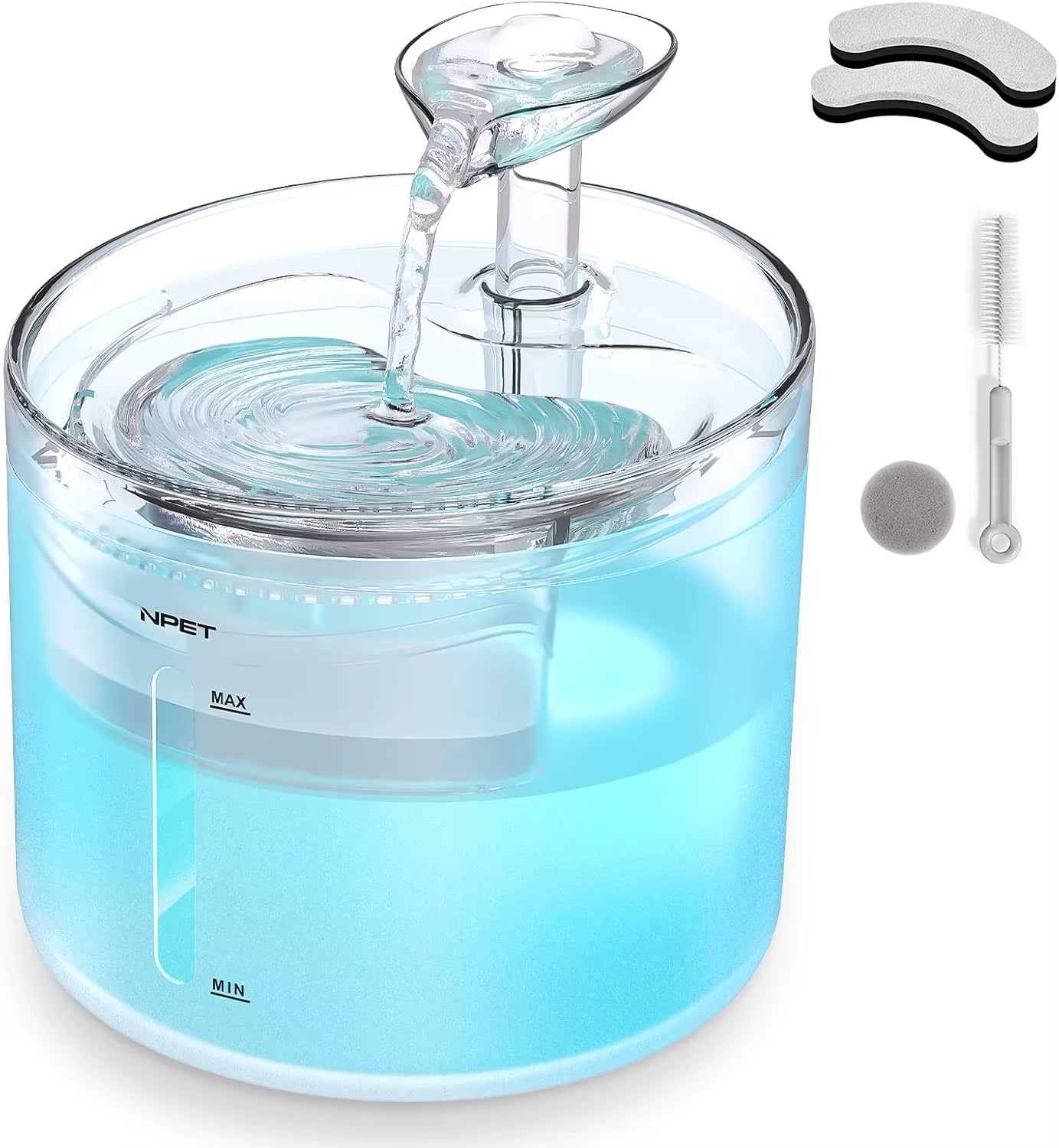 WF100 Cat Water Fountain, 54Oz/1.6L Automatic Pet Fountain Cat Water Dispenser with 2 Flow Modes, Light Quiet Pump for Cats