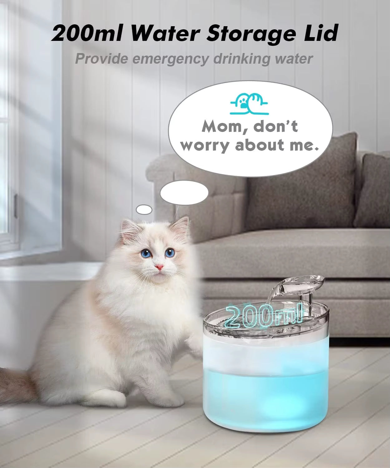 WF100 Cat Water Fountain, 54Oz/1.6L Automatic Pet Fountain Cat Water Dispenser with 2 Flow Modes, Light Quiet Pump for Cats